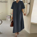 【WEJA】Korean Style Women's Dresses Casual Short Sleeve V-Neck Loose Pleated A-Line Midi Sundress #8. 