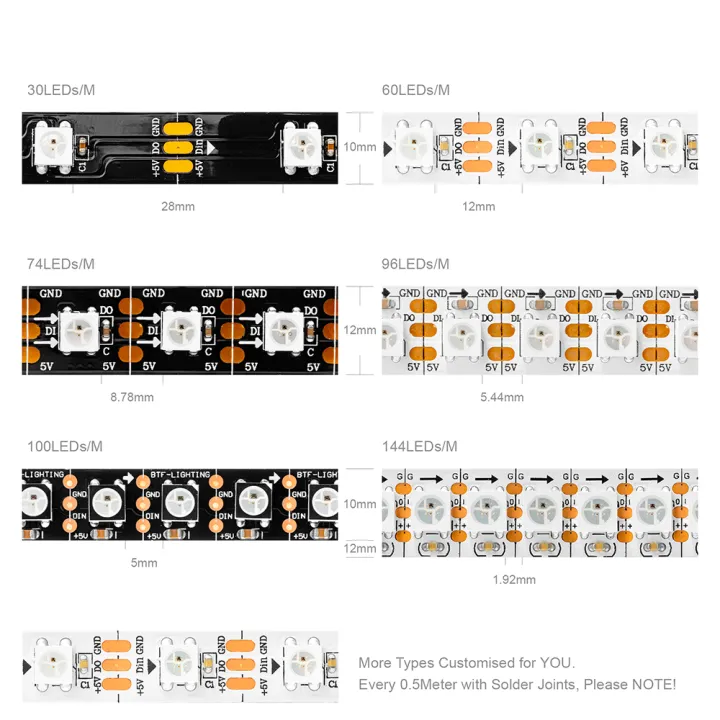 1m 2m 4m 5m WS2812B RGB LED Strip 30/60/74/96/100/144 pixels/leds/m ...