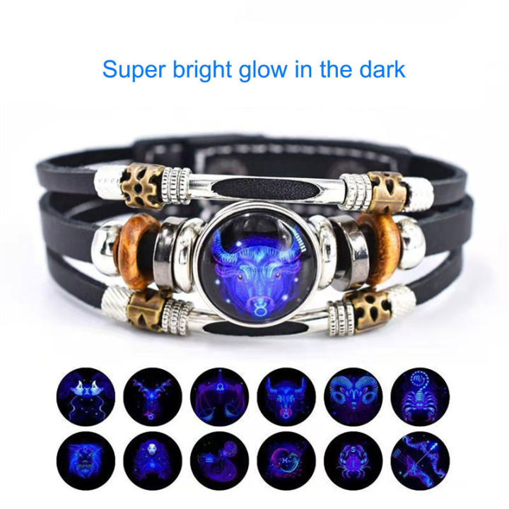 12 Zodiac Signs Constellation Charm Bracelet PU Leather Bracelet Bangle MJK