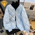 Women Cotton Coat Stylish V Neck Padded Coat for Women Warm Slim Fit Winter Jacket with Button Closure Pockets Rhombus Pattern Cotton Jacket. 