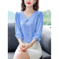 Yfashion Fashion Chiffon Tops For Women Cotton Summer Three-quarter Sleeves Doll Collar Shirt Elegant Solid Color Pullover Blouse. 