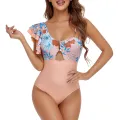 Women One-piece Bikini Swimsuit Floral Print One Shoulder Ruffled Sleeveless Backless Bodysuit Beachwear. 