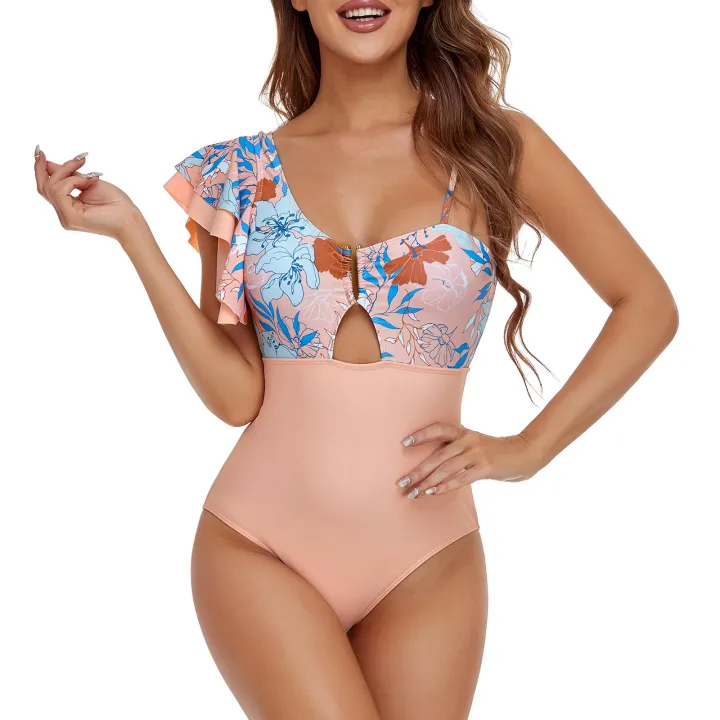 Women One-piece Bikini Swimsuit Floral Print One Shoulder Ruffled Sleeveless Backless Bodysuit Beachwear