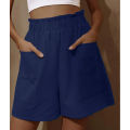 Yfashion Women Shorts Solid Color Cotton And Linen Wide-leg High-waist Casual Elastic Waistband Cropped Pants With Pockets color. 