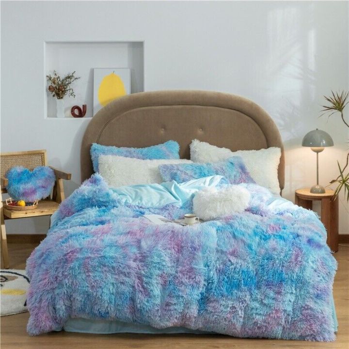3%20In%201%20Fur%20Bed%20Sheet%20Set%20/%20Faux%20Fur%20Shaggy%20Comfortable%20Blanket%20(Without%20Padding)%20Home%20Decor%20Luxury%20Bedding%20Set%20Throw%20Rug%20Blue%20Rainbow%20Color%20-%20Image%203