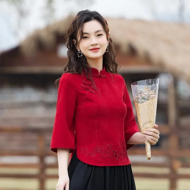 Spring%20and%20Summer%20Style%20Retro%20Hanfu%20Improved%20Cheongsam%20Chinese%20Button%20Knots%20Top%20New%20Republic%20of%20China%20Style%20Women's%20Clothes%20Tang%20Suit%20Outfit%20-%20Image%202