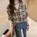 RD Spring Lady Long Sleeve Irregular Plaid Blouse Stylish Lapel Loose Causal Shirt. 