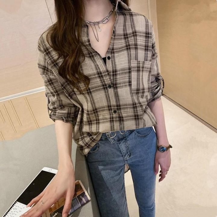 RD Spring Lady Long Sleeve Irregular Plaid Blouse Stylish Lapel Loose Causal Shirt