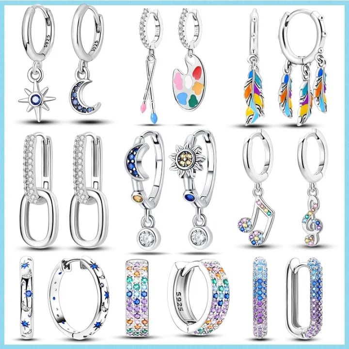 Orecchini A Cerchio Pendenti Con Stella In Argento 925 E Zirconi - Unisex