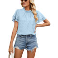 Yfashion Women Short Sleeves T-shirt Elegant Double-layer Jacquard Crew Neck Blouse Simple Solid Color Chiffon Tops. 