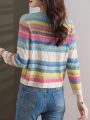 Long Sleeved Knitted Button Cardigan Women Autumn Design Rainbow Fashion Top New Korean Style Slim Short Top Stripe Trend. 