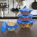 Blue Glass Bowl Sets with Lids 5 Pcs Microwave Glass bowl Set Kitchen Glass Ware set Spice Organizers. 