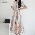 【WEJA】 Korean Style Womens Floral Printed A-Line Sundress Elegant V-Neck Collect Waist Dress #11. 