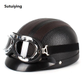 Sutuiying Hot Selling Classic Stripe Motorcycle Safety Helmet Fashion Men Women PU Leather Vintage Motor Electric Scooter Goggles Half Helmets. 