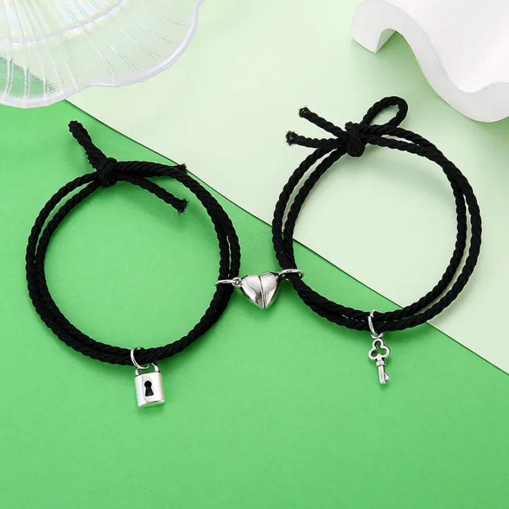 1 Pair Magnet Couple Bracelets for Lovers Lock Heart Magnetic Bracelet ...