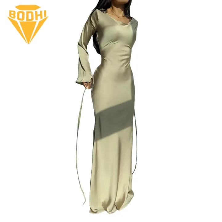 Women Round Neck Dress Elegant Satin Maxi Dress with Long Horn Sleeves for Prom Party Evening Wear Soft Breathable Women's Floor Length Dress with Tight Waist Women Dress
