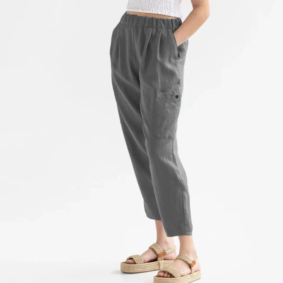 Yfashion Women Cotton Trousers Solid Color Cotton Linen Elastic Belted High Waist Loose Casual Long Pants With Pockets color Daraz.lk