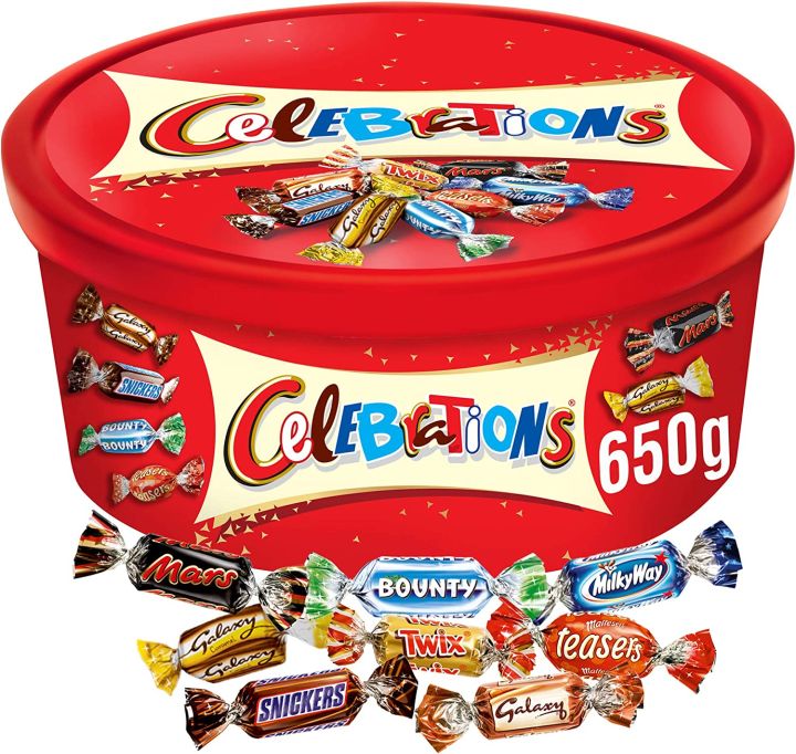 Celebrations Chocolate Box contains assortment of milk chocolates and milk chocolate covered biscuit 650g.