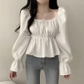 2025 Fashion New Ruffle White Long sleeved Women's Blouses Square Neck Sexy Short Shirt Korean Style Flare Sleeve Sweet Tops. 