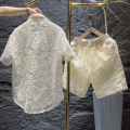 Summer New Hollow Mesh Suit Men's Casual Thin Fashion Trend Men's and Women's Same Style Solid Color Embroidered Shirt. 