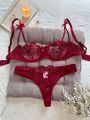 Floral Embroidery Lingerie Set, Mesh Unlined Bra & Mesh Panty, Women's Lingerie & Underwear. 