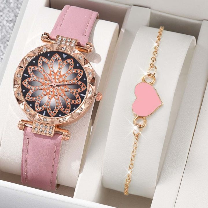 Women's Love Bracelet Watch Set - Petal Quartz Jewelry Wristwatch (2 pcs) for Stylish Fashionistas
