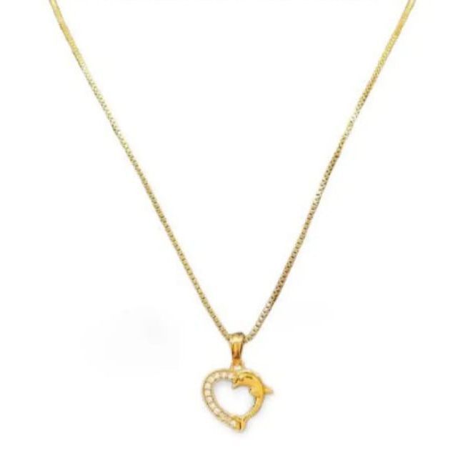 Gold plated Guaranteed Stylish 01mm box Chain Beautiful Design With Dolphin Harte Fixed Stone Pendant