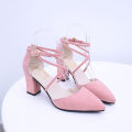 Chunky Heel Sandals for Female Students Summer 2024 New Pump Strap Buckle Pointed-Toe Girl High Heels Korean Style All-Match. 