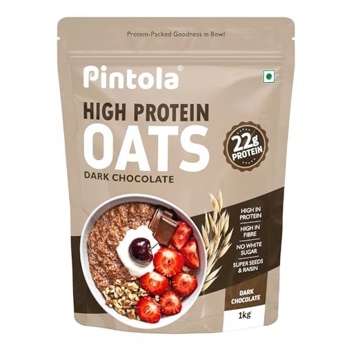 PINTOLA 22g High Protein Oats 1kg, Dark Chocolate,No Refined Sugar, with Almonds Raisin, Pumpkin and Chia Seeds, 8g Fibre, Rolled Oats, Breakfast Cereals | Gluten Free (FROM INDIA)