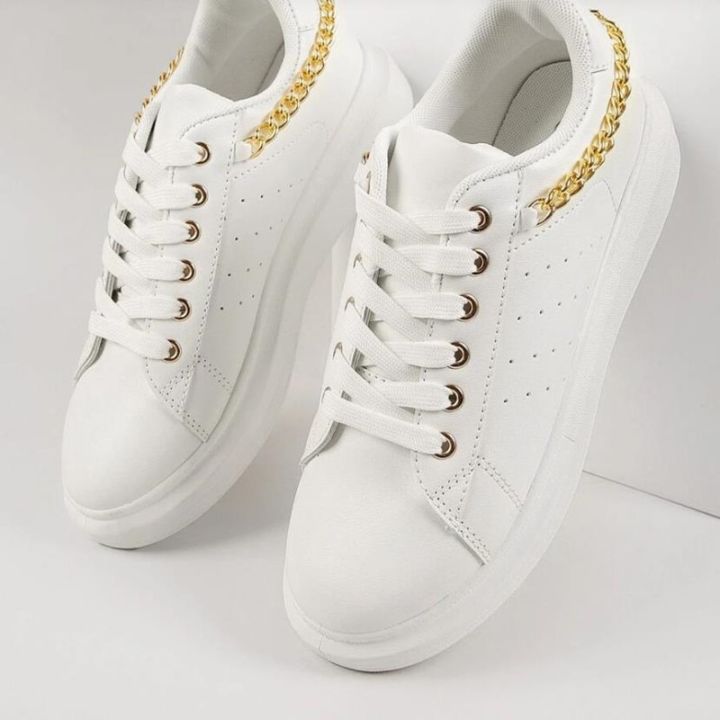 【FOOT SOFA】Women's New Sneakers Autumn Fashion Low Top Ladies Casual Shoes With Chain Female Round Toe Non-Slip Comfy Sport Flats