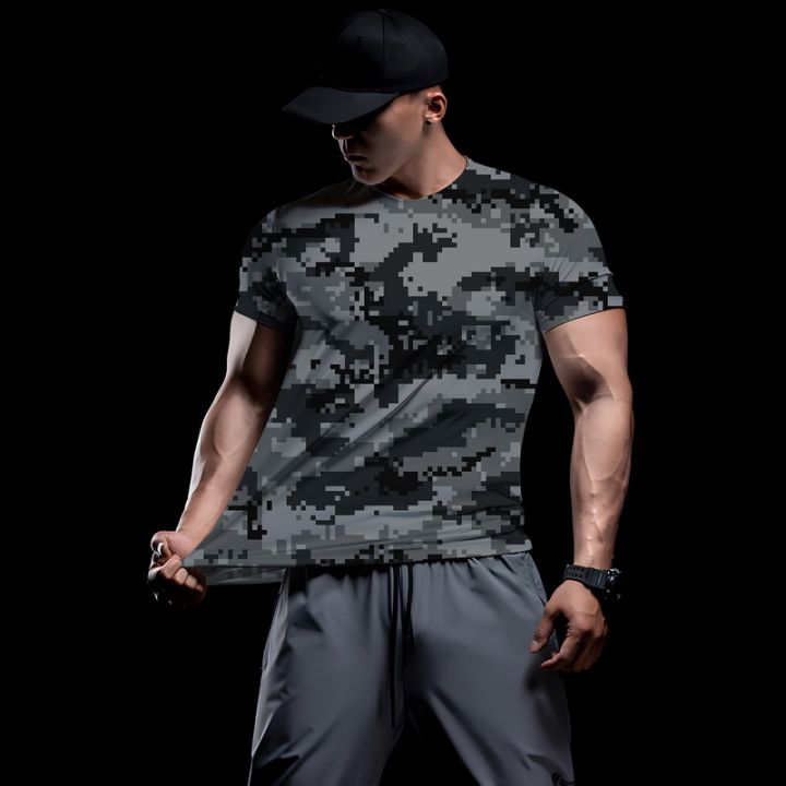 Men Running T Shirt Quick Dry Fitness Shirt Training Exercise MOSAIC camouflage Clothes Gym Sport Shirt Tops Lightweight