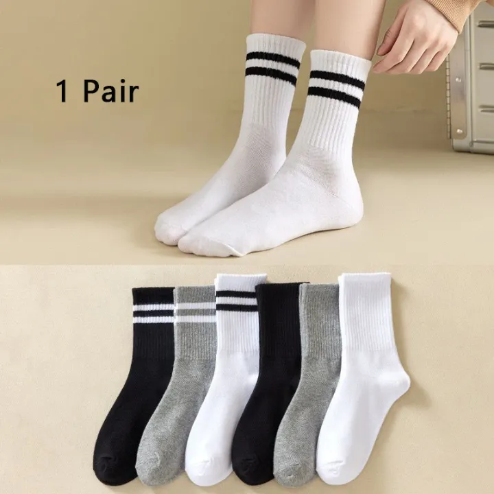 Woman Men Unisex Street Striped Mid Tube Socks Breathable Sports Solid Versatile Striped Black White Socks ZHANGNA