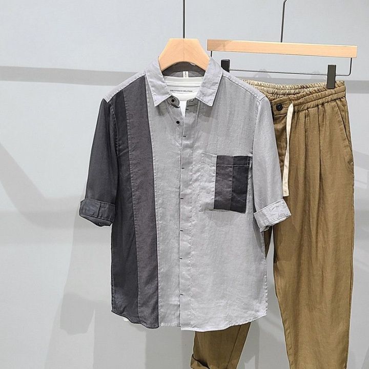 Patchwork%20Assorted%20Colors%20Pocket%20Linen%20Three-Quarter%20Sleeve%20Shirt%20Men's%20Special-Interest%20Design%20Summer%20Thin%20Ruan%20Shuai%20Youth%20Korean%20Shirt%20-%20Image%205