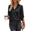 Yfashion Women V-neck Shirt Casual Long Sleeves Loose Tops Simple Solid Color Pullover Tops For Date Party Beach. 