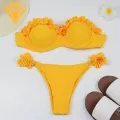 Two-piece Swimsuit Flirty Ruffle Trim Bikini Set with Push Up Bra Trendy Split Design Swimsuit for Women Mid-rise Briefs Bathing Suit 2pcs/set. 
