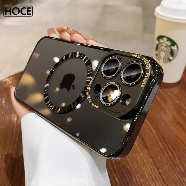 HOCE Metal Camera Protective Magnetic Phone Cases For iPhone 16 15 14 13 12 Pro Max 14 15 16 Plus Magsafe Case Luxury Plating Frame Clear Hard PC Back Cover