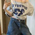 Women's Fashion Letter Print Chic Off-shoulder Short Sleeve Loose Casual T-shirt. 
