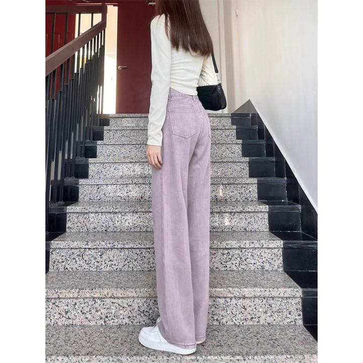 Distressed%20Purple%20Straight%20Jeans%20Women's%20Spring%20High%20Waist%20Loose%20Students%20Slimming%20Design%20Drape%20Wide%20Leg%20Mop%20Pants%20-%20Image%204