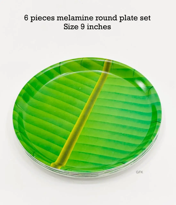 6 Pieces / Banana Leaf Design / Melamine / Round Plate Set / 9 Inches