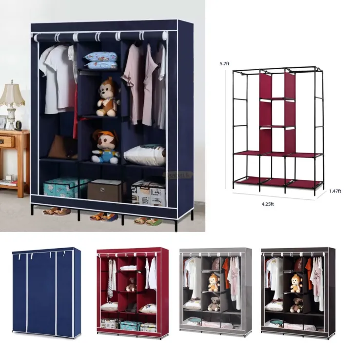 3 Door Storage Wardrobe Foldable and Movable Cloth/Fabric Wardrobe with Zip Up Collapsible Cupboard SMT