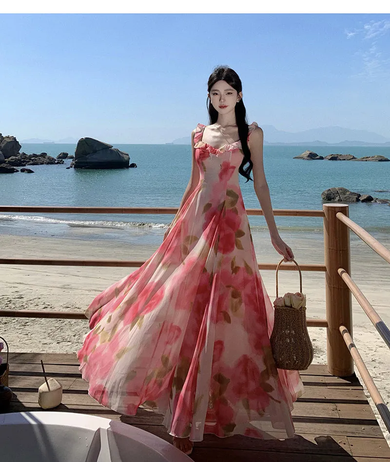 Celebrity Style French Romantic Elegant Rose Printed Beach Dress