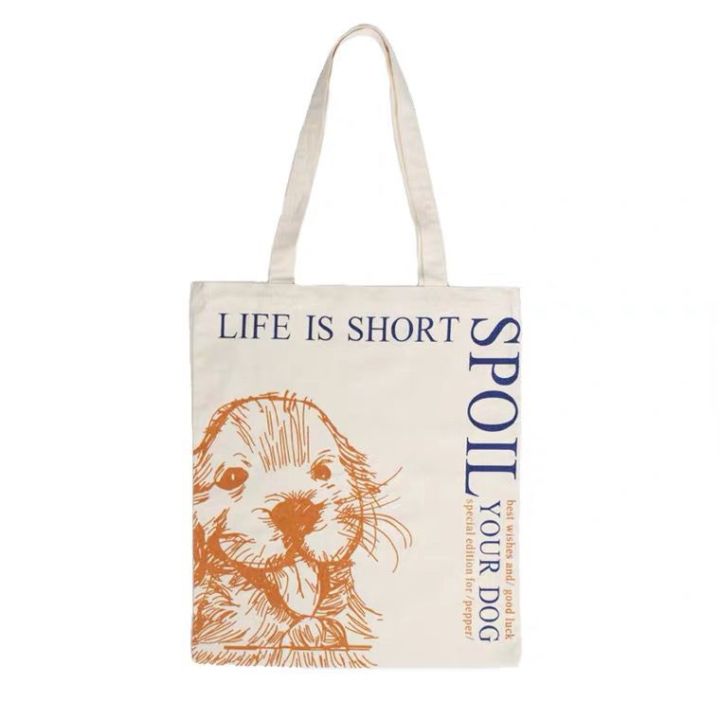 Eco-friendly Bag Portable Original One-Shoulder Hand-Painted Cloth Bags Retro Cartoon Dog Canvas Bag Golden Retriever Pure Cotton Hn