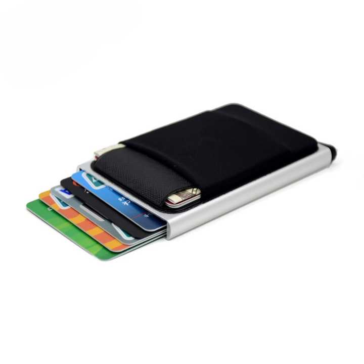 Slim Aluminum Smart Wallet With Elasticity Back Pouch ID Credit Card Holder Mini RFID Wallet Automatic Pop up Bank Card Coin Case