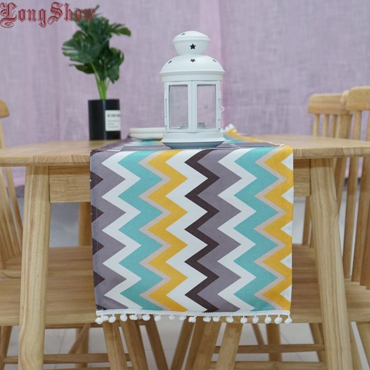 Longshow Polyester Colorful Geometric Paid Waves Table Runner With Braid Ball Trim 33x140cm