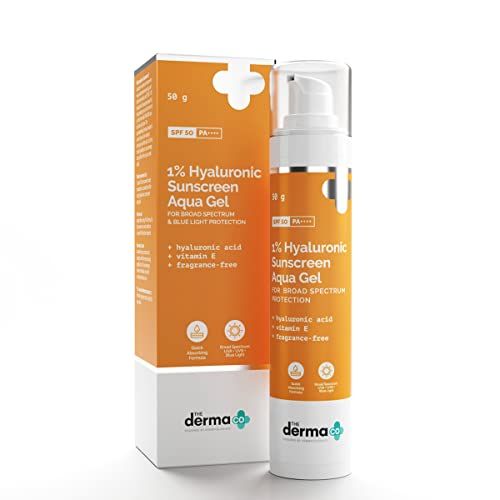 The Derma Co 1% Hyaluronic Sunscreen Aqua Gel SPF 50 PA++++ | For Oily, Dry, Acne-prone Skin | Ultra Lightweight Texture | Non-Greasy | No White Cast | Broad Spectrum Protection & Blue Light Protection | For Men & Women | 50 g (FROM INDIA)