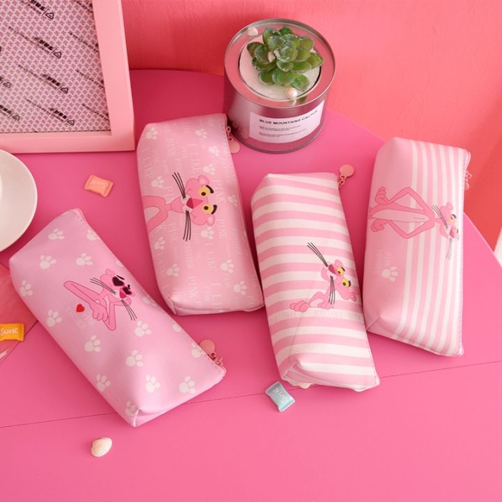[New] cute Pink Panther pencil bag pen case for girls pouch bag make up case Pu stationery pouch with zipper school supplies