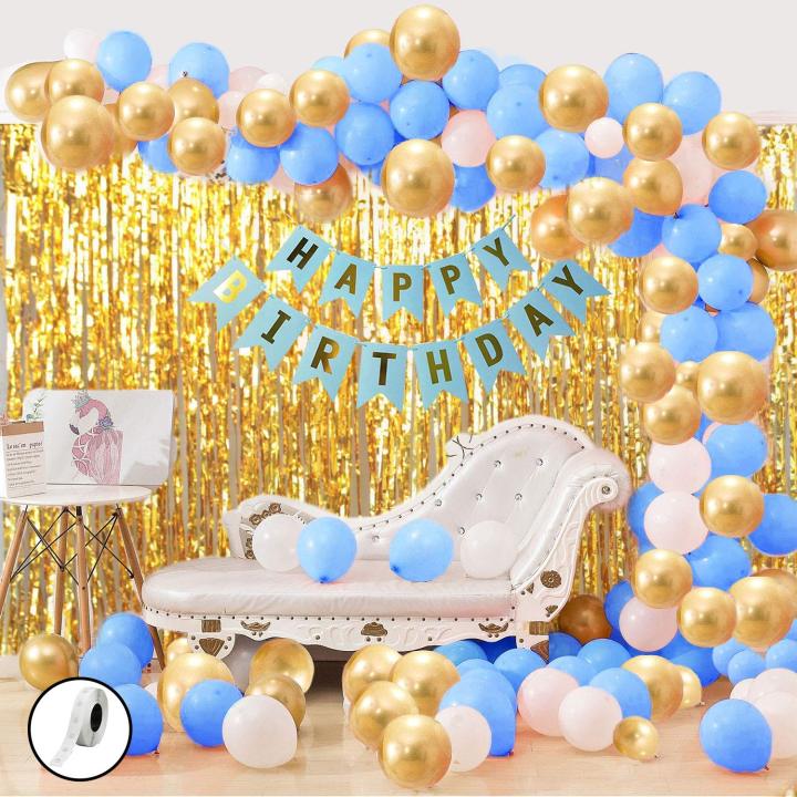 Happy Birthday Banner(Blue Gold) Fringe Curtain And 60Pc Latex Balloons Balloons (Blue, Gold, White)