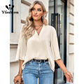 Yfashion Women Fashion Blouses Solid Color V Neck Half Sleeve Shirt Summer Stylish Loose Casual T-shirt Bottoming Top. 