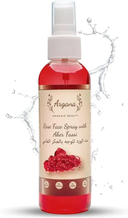 Certified Organic Hydrating Rose Water With Moroccan Aker Fassi Powder Spray 150ml | Refreshing Facial Mist for Glowing Skin | No Dyes or Alcohol | Vegan & Cruelty Free By Argana Beauty FROM DUBAI (SAM)