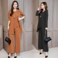【HOT】 3Pcs/Set Fashion Lady Outfit O-Neck Dressing Up Comfortable Tank Tops Wide Leg Pants Mid-Length Coat Set. 